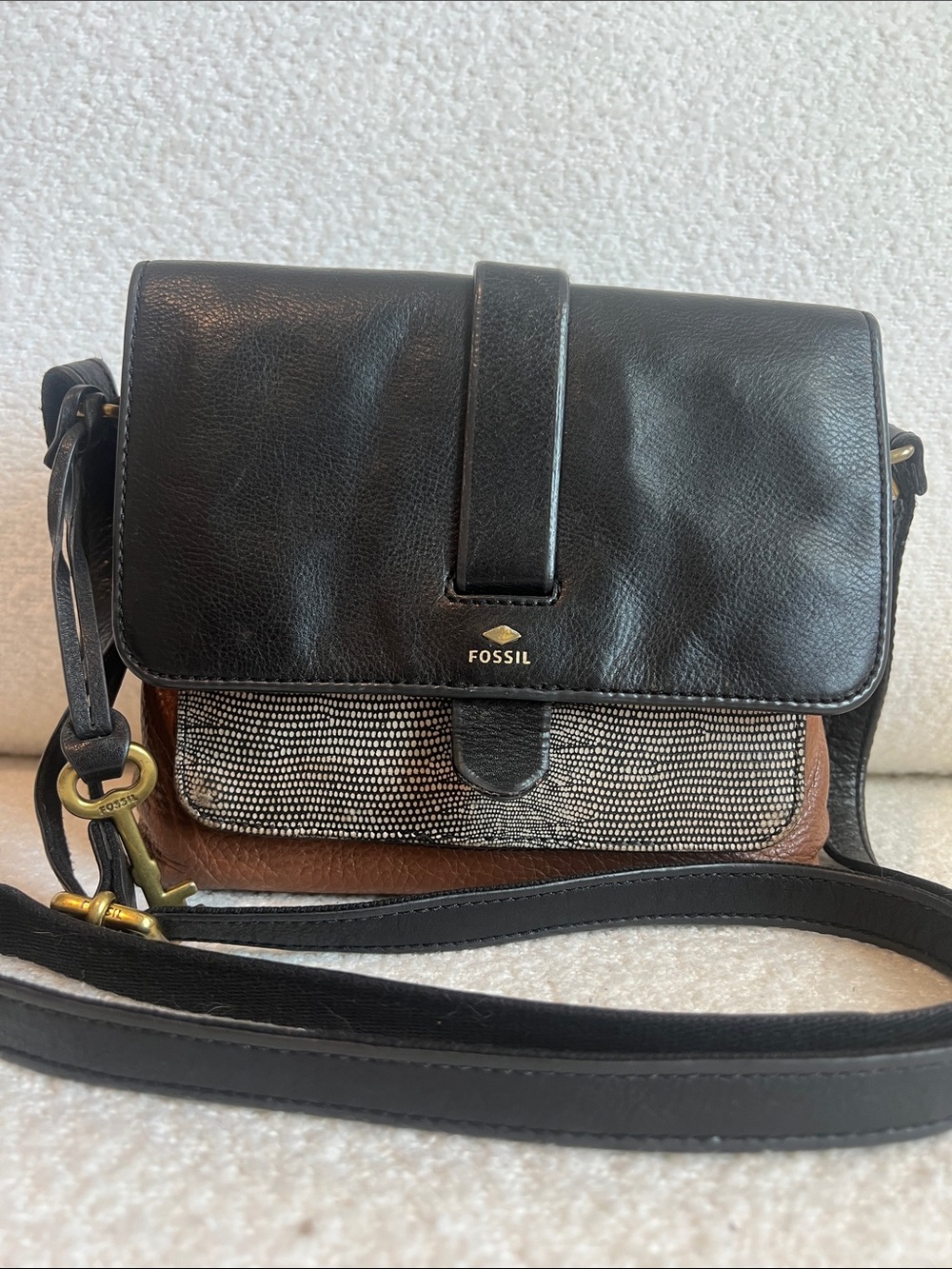 Fossil Kinley Black, Brown & Cream Leather Crossbody Bag